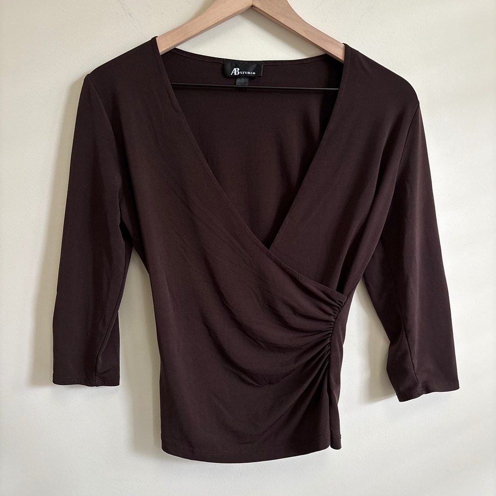 AB Studio Brown Surplice Wrap Top Ruched Side 3/4 Sleeve Blouse Small